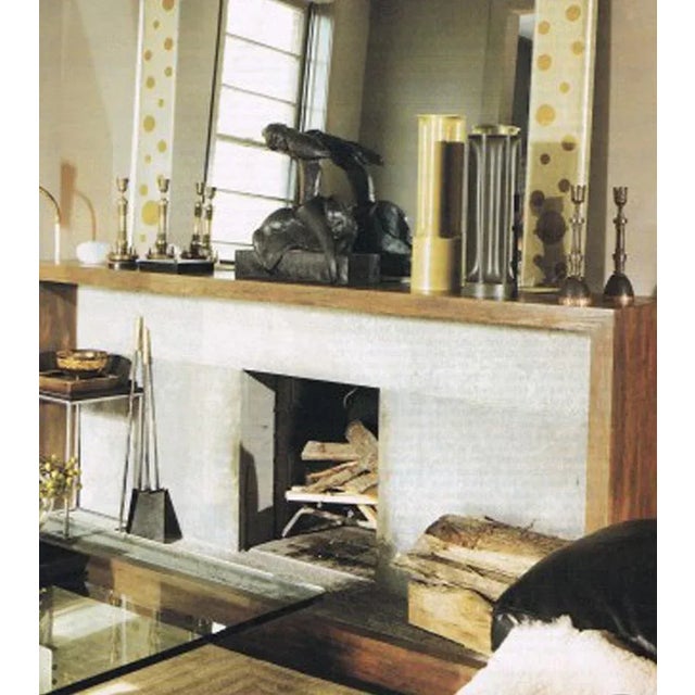 Monumental mirror flanked with frosted, hand painted side panels. Gold painted pattern in the frosted panels. Stainless...