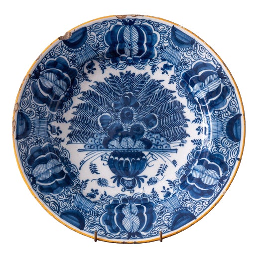 18th Century Dutch Delft Blue and White Peacock Dish For Sale