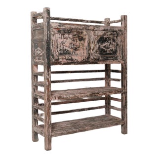 Late 20th Century Distressed Pink Wooden Shelf Cabinet With Graphic Patina For Sale