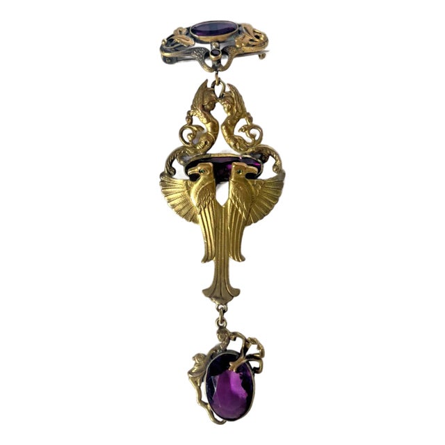 Mid 20th Century Art Deco Pin With Brass & Amethyst Glass For Sale
