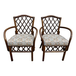 Pair of Vintage Diamond Lattice Backed Bent Arm Chairs For Sale