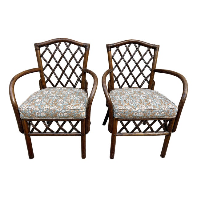 Pair of Vintage Diamond Lattice Backed Bent Arm Chairs For Sale