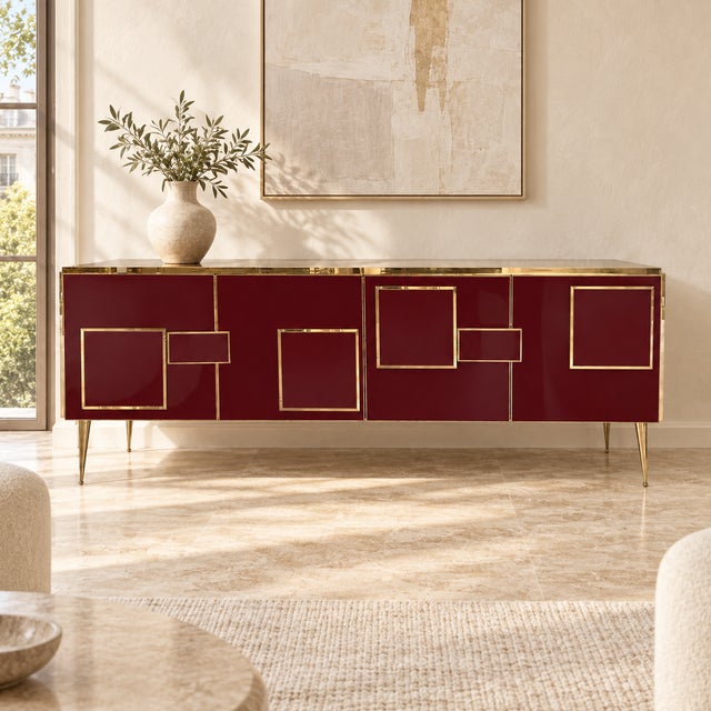 Italian Four-Door Sideboard in Burgundy Glass and Brass from Justfurnituress SRL For Sale - Image 9 of 10