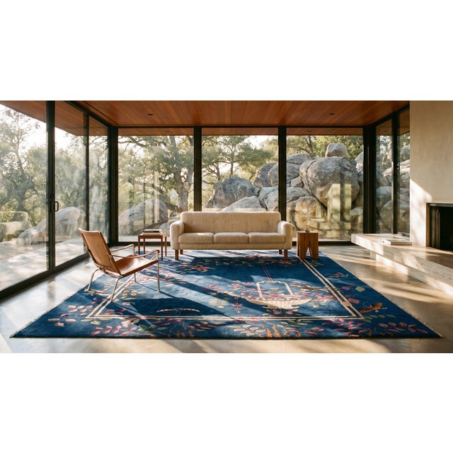 Beautiful Botanical Pattern With Navy Background Color Antique Chinese Art Deco Rug For Sale - Image 15 of 15