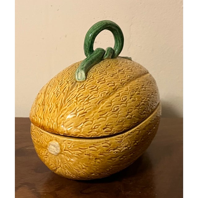 Portuguese Melon Form Majolica Tureen or Box With Vine & Leaf Handle For Sale - Image 9 of 12