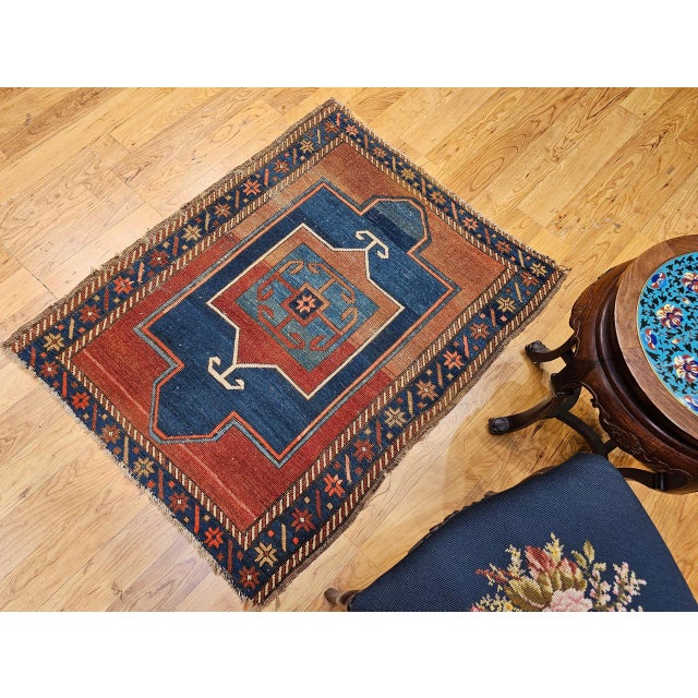 19th Century Caucasian Fachralo Kazak Prayer Area Rug, Persimmon & Blue, 3' x 4' For Sale - Image 4 of 15