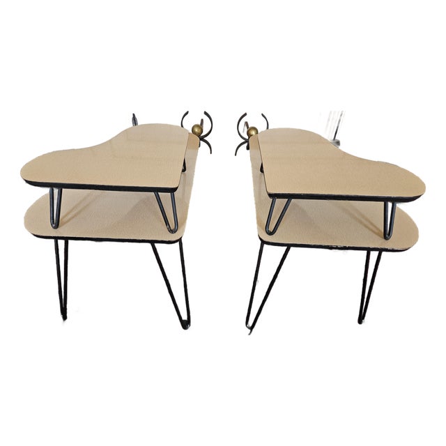 A Pair of Mid Century Modern Atomic Tripod Hairpin, Two Tiered Side Tables For Sale