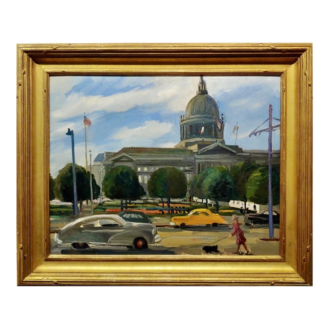 Victor Arnautoff -Woman Walking Her Dog in 1948 Downtown San Francisco-Oil Painting For Sale