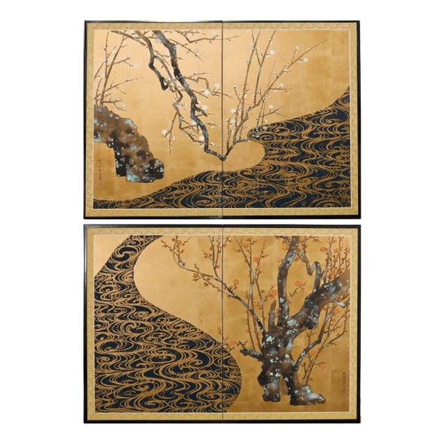 Pair of Red and White Plum Blossom Screens After Ogata Korin For Sale