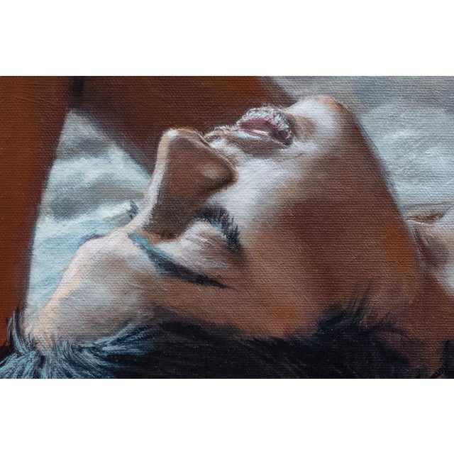 wRapt by Dave Seeley | Oil on Canvas on Board Woman reclining on a bed with white sheets. For Sale - Image 4 of 5