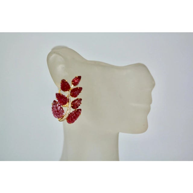 1970s Rubellite Carved Leaf 14k Earrings - 2 Pieces For Sale - Image 5 of 5