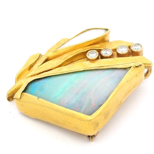 Metal Vintage American Studio 22k Gold Opal Diamond Modernist Brooch For Sale - Image 7 of 14