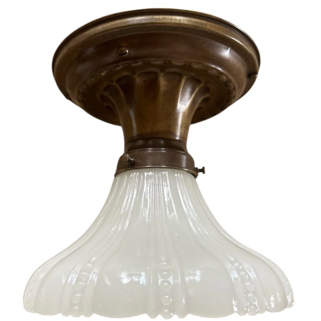 1920s Sheffield Pattern With Beading Clambroth Shade on Original Fluted Brass Holder For Sale - Image 4 of 4