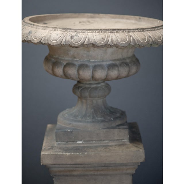 Gray Large English Campana Garden Urn or Planter Pot on Square Plinth Base For Sale - Image 8 of 13