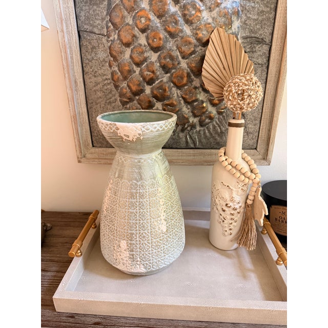 Large Robin’s Egg Blue/White and Brushed Gold Distressed Ceramic Vase | Textured Floor Vase For Sale - Image 4 of 9