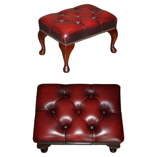 Antique Deep Buttoned Oxblood Leather and Hardwood Ottoman For Sale - Image 11 of 11