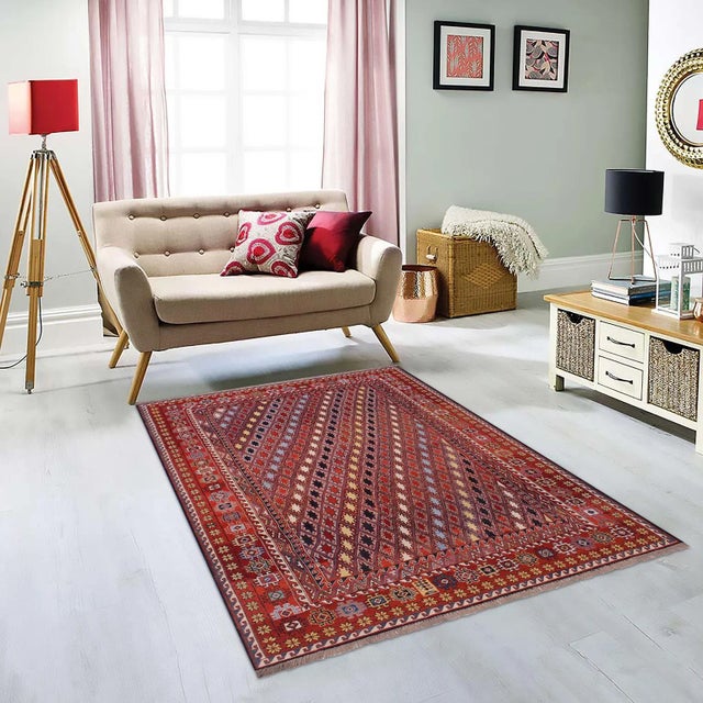 1970s 1970s Vintage Rustic Soumak Zachary Rust/Blue Wool Rug - 5'7'' X 7'10'' For Sale - Image 4 of 9