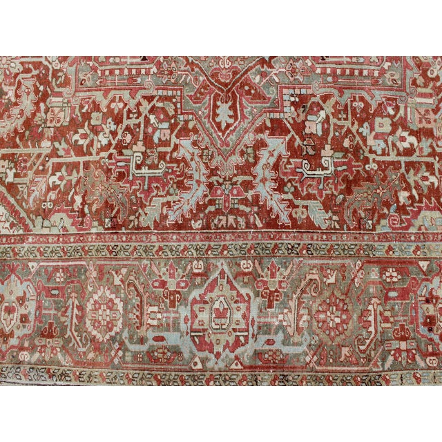 Gray Green, Taupe Border, Soft Red Heriz With Geometric Medallion 11'6 X 14'5 For Sale - Image 13 of 16