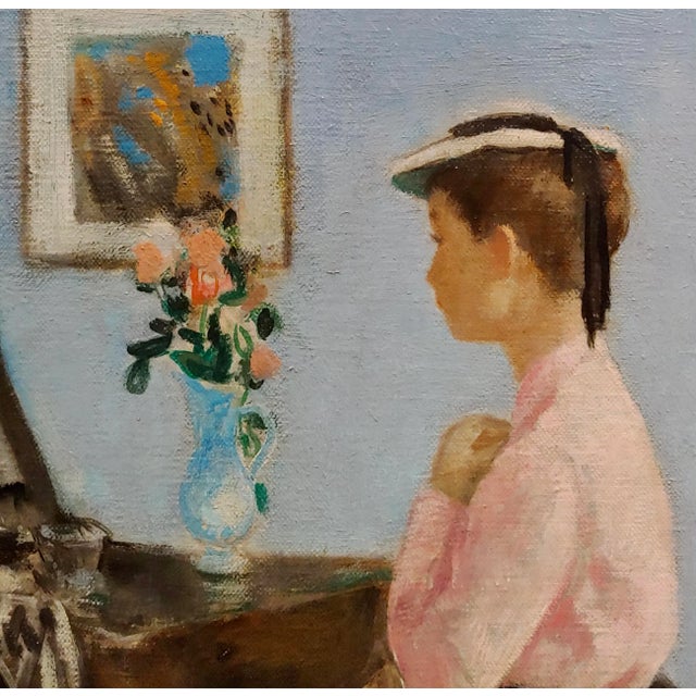 Francois Gall-Young Elegant Woman in Pink at Her Vanity Desk-Oil Painting For Sale - Image 4 of 9
