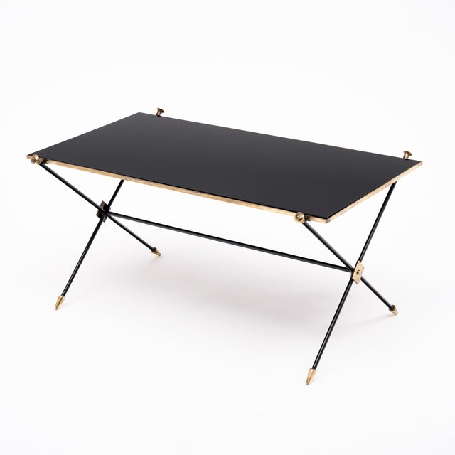 French Mid-Century Black Glass, Iron and Brass Coffee Table For Sale - Image 4 of 9