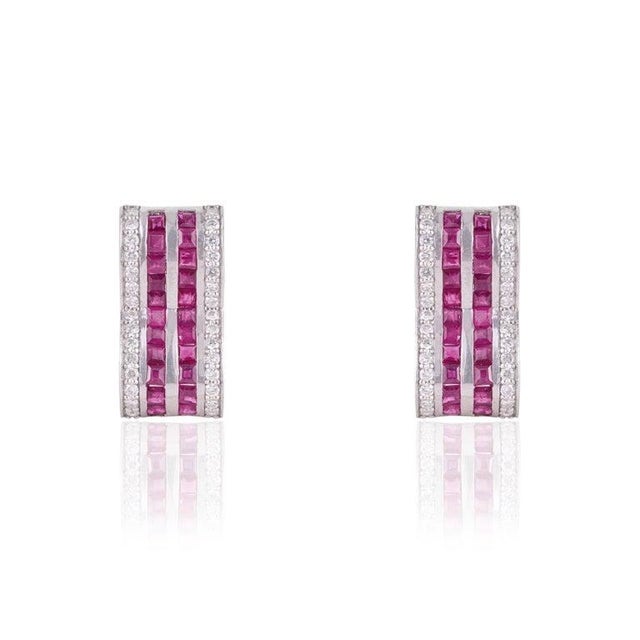 Contemporary Geometric Ruby & Diamond Hoop Earrings in 925 Sterling Silver, A Pair For Sale - Image 10 of 14