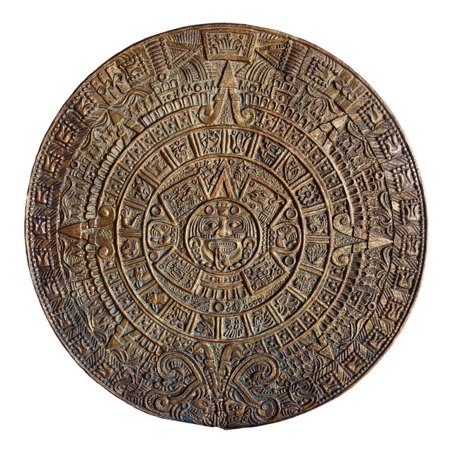 Monumental Mexican Modernist Mid Century Angel Pazmino Style Aztec Inca Mayan Calendar Clay Wall Hanging Art Sculpture Bronze For Sale