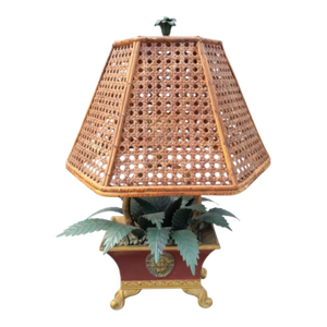 Vintage Tole Metal Palm Leaf Faux Bamboo Cache Pot Regency Wicker Shade Table Lamp