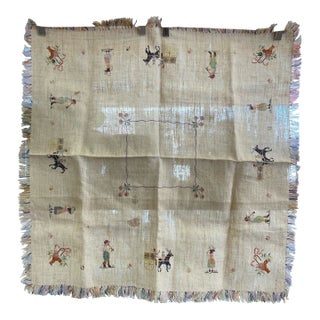 Vintage Hand-Embroidered Linen Tablecloth With Figural Motif and Fringe Border For Sale