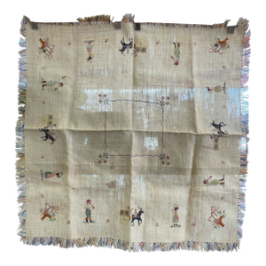 Vintage Hand-Embroidered Linen Tablecloth With Figural Motif and Fringe Border