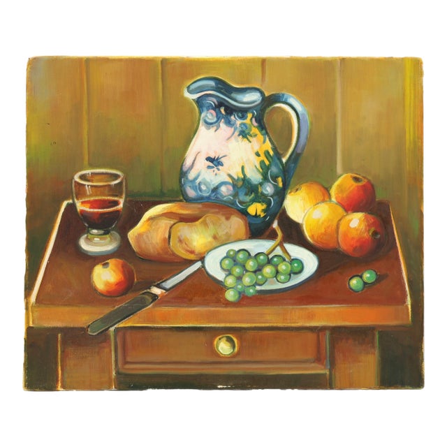 French Still Life With Pitcher, Bread, Fruit & Wine For Sale
