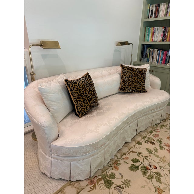 Vintage Curved Skirted Sofa Reupholstered in Ivory Silk Damask For Sale In Dallas - Image 6 of 13
