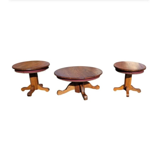 Brown American Amish Mission Oak Pedestal Oval Side Tables With Leatherette and Nail Trim Apron For Sale - Image 8 of 9