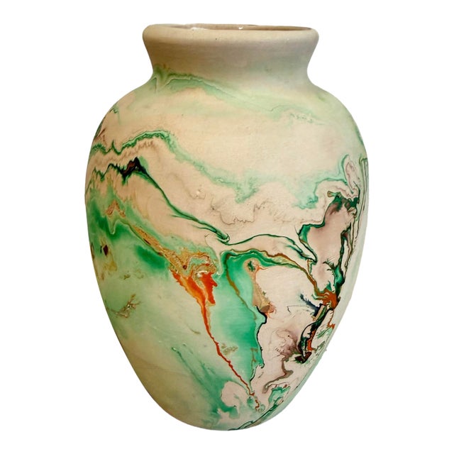 Vintage Nemadji Green Swirl Pottery Vase For Sale