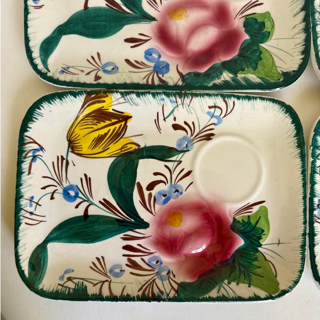 Rustic European Vintage Italian Hand-Painted Floral Snack Plates With Cup Rests - Set of 8 For Sale - Image 3 of 13