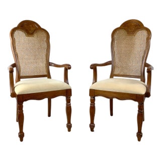 Pair of Vintage Provincial Walnut & Cane High-Back Armchairs With Burlwood Crest For Sale