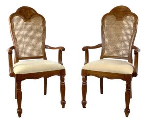 Pair of Vintage Provincial Walnut & Cane High-Back Armchairs With Burlwood Crest