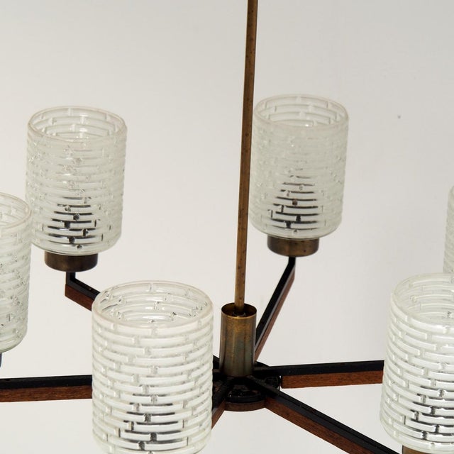 Mid-Century Modern Vintage Six-Light Chandelier in Brass with Teak and Black Metal from Philips, 1960s For Sale - Image 3 of 12
