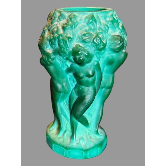 Vintage Antique Art Deco Nouveau Figural Malachite Czech Art Glass Vase For Sale - Image 4 of 6