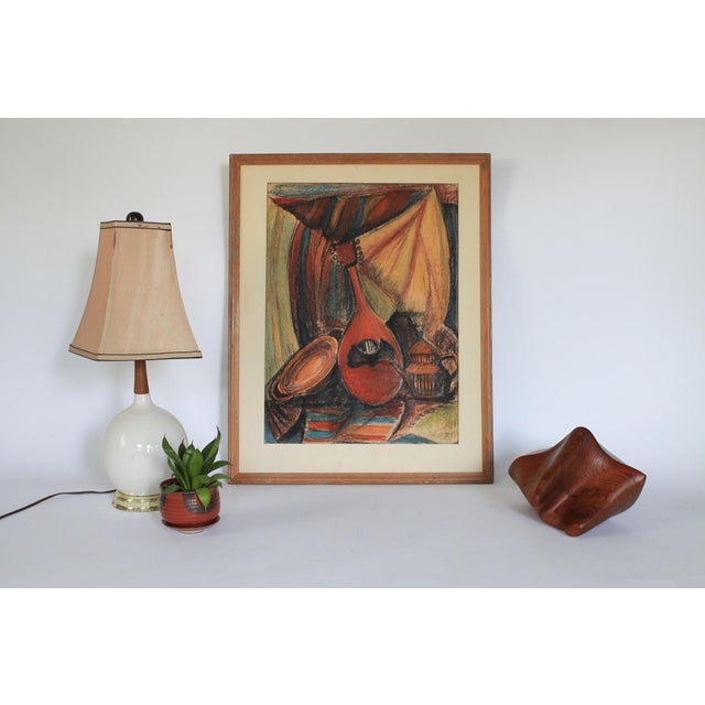 Vintage mid century pastel still life abstract of a musical instrument on table. Unsigned. Some age wear to frame, backing...