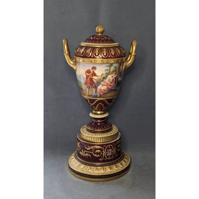 19thc Austrian Antique Royal Vienna Hand Painted Romantic Scene - 2 Handled 13.5" Porcelain Vase For Sale - Image 12 of 12