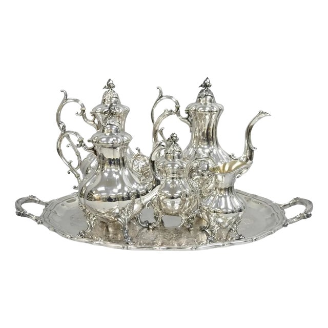 Antique Reed & Barton Winthrop Silver Plated Tea Set With Webster Wilcox Tray- 6 Pieces For Sale