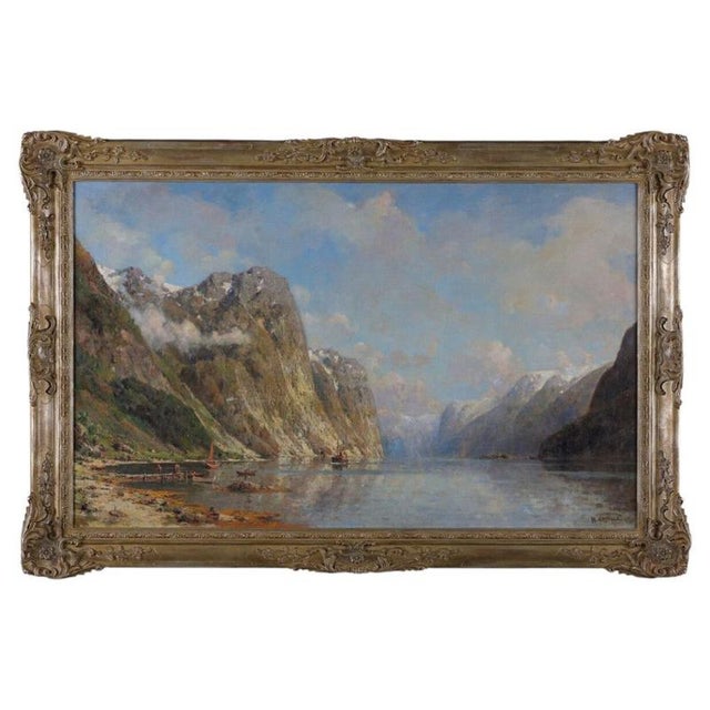 Blue Henry Enfield, Large Victorian Norwegian Fjord Landscape, Oil on Canvas, Framed For Sale - Image 8 of 8