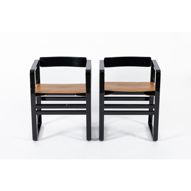 Mid Century Modern Black Lacquer and Brown Leather Arm Chairs 1970s For Sale In Detroit - Image 6 of 15