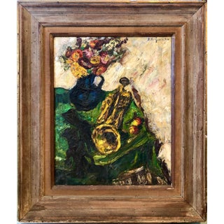 Herbert Katzman, 1950's Expressionist Interior Oil Painting Still Life with Flowers and Trumpet, 1946 For Sale