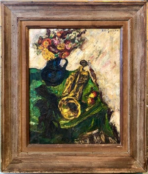 Herbert Katzman, 1950's Expressionist Interior Oil Painting Still Life with Flowers and Trumpet, 1946