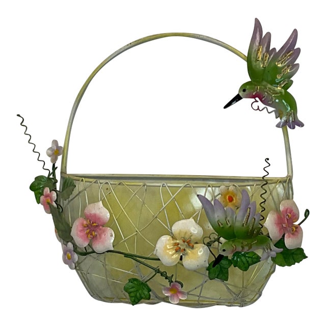 Mid 20th Century Italian Tole Wall Pocket-Basket With Hummingbirds. For Sale