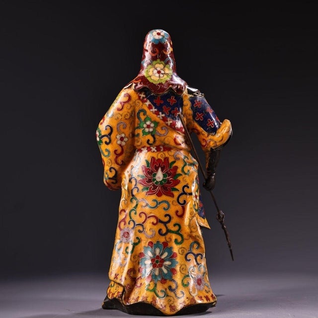 Chinese Vintage Chinese Cloisonné Enamel Guan Gong Figure | 9.4lb Copper Statue With Halberd For Sale - Image 3 of 10