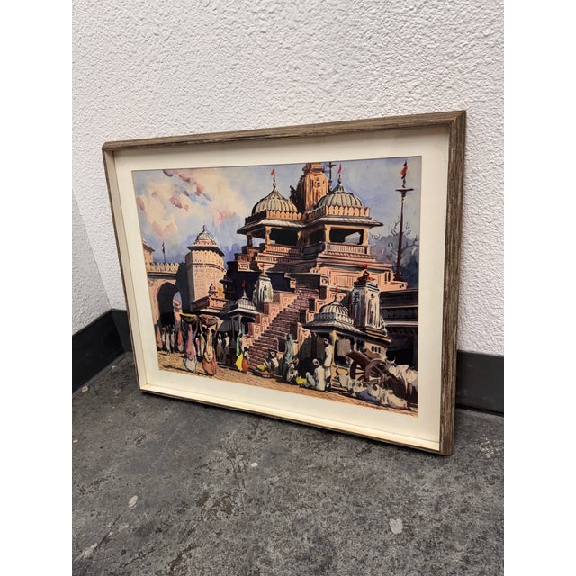 Asian Siva Temple + Bundi Gate Original Watercolor Painting, Framed For Sale - Image 3 of 12