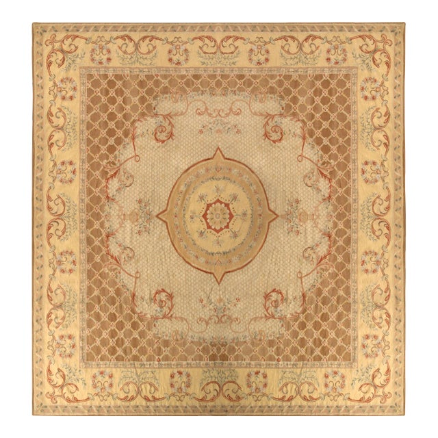18th Century Aubusson Style Kilim Beige Brown Medallion Style Rug For Sale