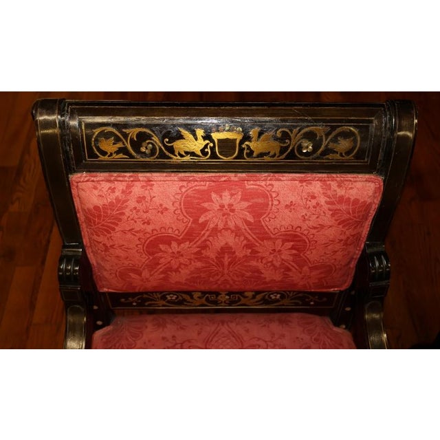 19th Century Set of 2 Ebonized Neo Grec Brass Inlaid Parlor Chairs Attributed to Herter For Sale - Image 9 of 10